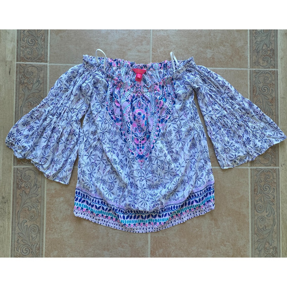 Lilly Pulitzer Tops - Lilly Pulitzer Nevie Off-the-Shoulder Top Women's XS Blue White Bell Sleeve